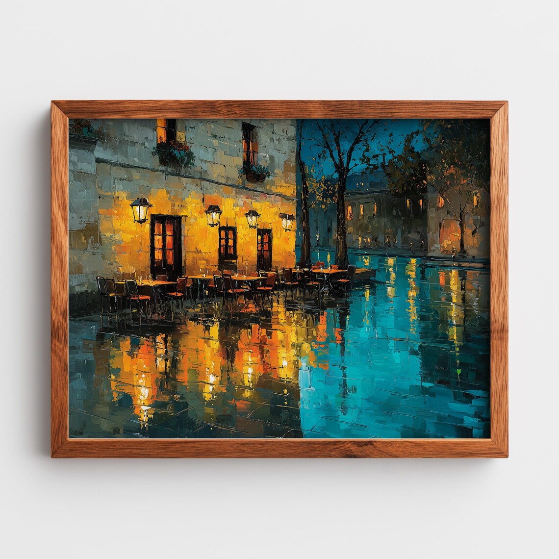 Cafe Terrace Rainy Evening Night Lights Cozy Street Oil Painting Wall Art