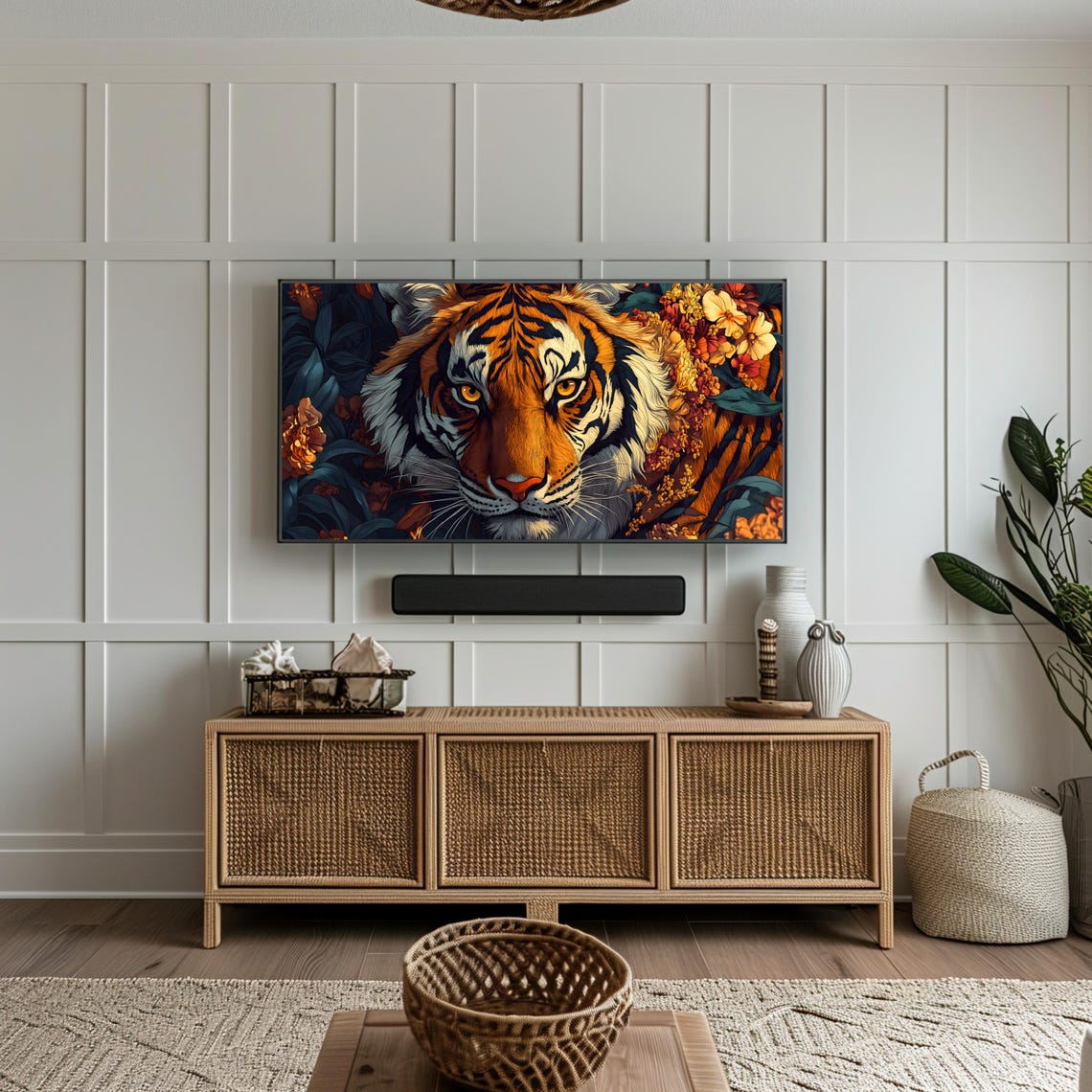 Majestic Tiger And Floral Tv Art Frame Tv Artwork Bold Tiger Portrait With Vibrant Flowers Wildlife Inspired Wall Decor - Image 3