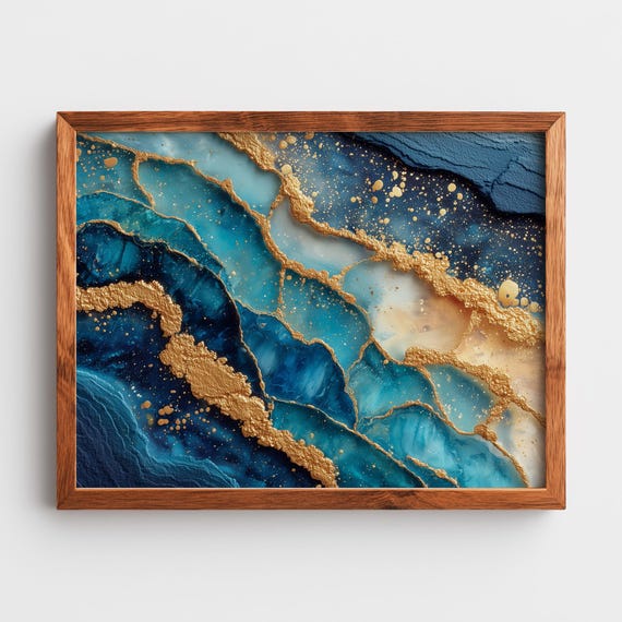 Luxury Abstract Art In Deep Sapphire And Gold Modern Wall Decor Elegant Pearl Accents Contemporary Home 12