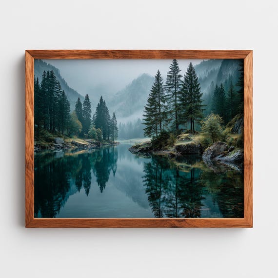 Misty Lake With Dark Pines Moody Nature Landscape Foggy Mountain Scene Tranquil Wall Art Forest Decor Print 134