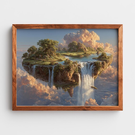 Surreal Floating Island Waterfall Poster Dreamy Fantasy Cloudscape Art