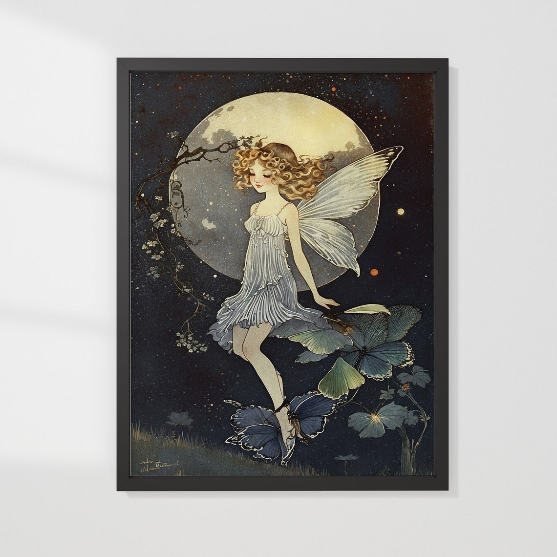 Vintage Moonlight Fairy Dancing Butterflies Celestial Art Poster