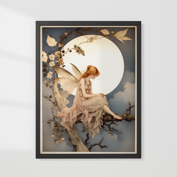 Enchanting Fairy And Full Moon Illustration Fine Art Print