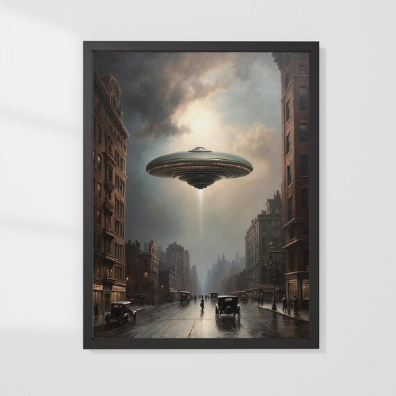 Ufo Over 1930s New York Vintage Street Saucer Oil Painting Poster