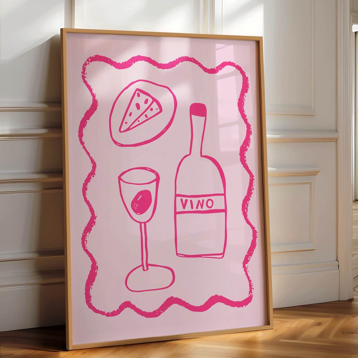Vino Wine Bottle Cheese Poster Pink Line Art Wavy Border Kitchen Decor