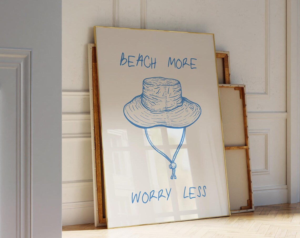 Beach More Worry Less Blue Bucket Hat Summer Home Decor Poster