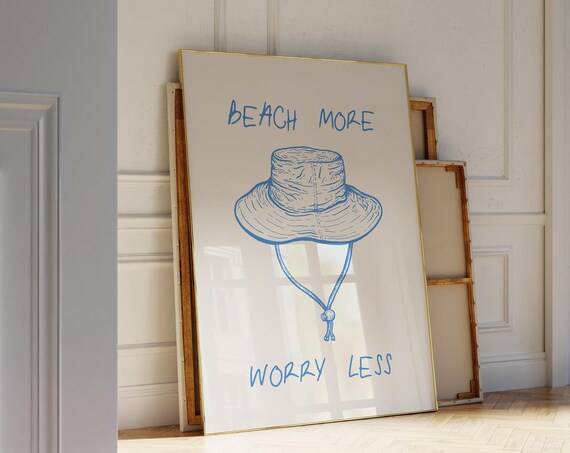Beach More Worry Less Blue Bucket Hat Summer Home Decor Poster