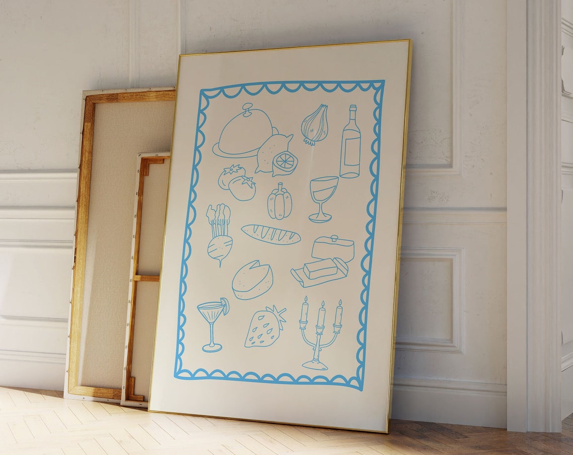Blue Line Art Dinner Party Icons Scalloped Border Kitchen Poster - Image 5