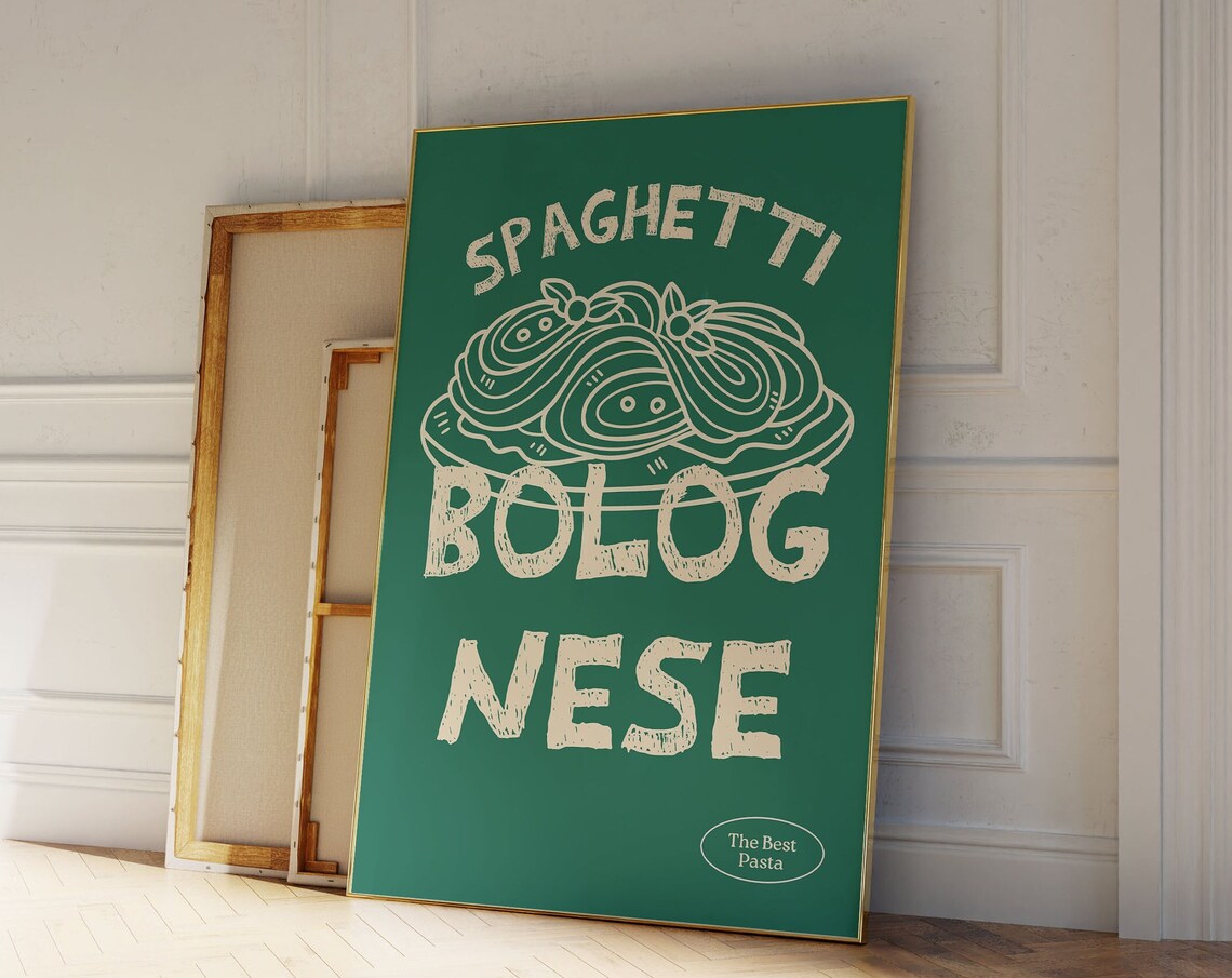 Spaghetti Bolognese Cream Lettering Green Retro Pasta Poster
