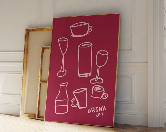 Drink Up Print Vintage Drinks Wall Art Trendy Kitchen Print Retro Bar Art Bar Cart Poster Hand Drawn Art Modern Kitchen Art Trendy Bar Art