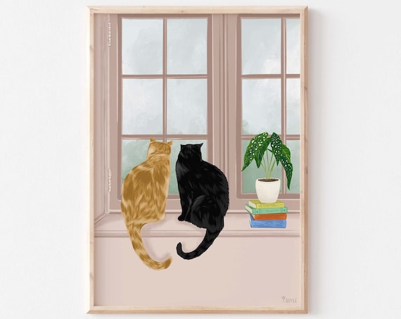 Two Cats Looking Outside Window Art Print