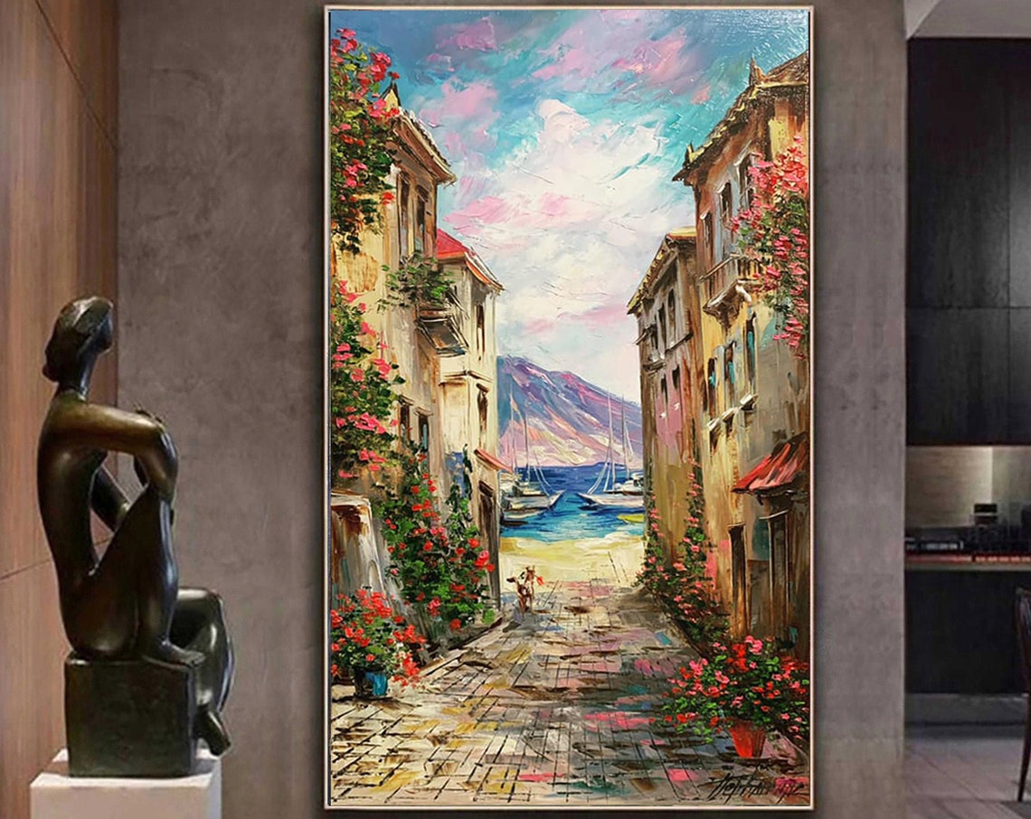 Large Italy Oil Painting Original Cinque Terre Italy Painting On Riomaggiore Framed Artwork Large Italian Oil Painting Italy Wall Art