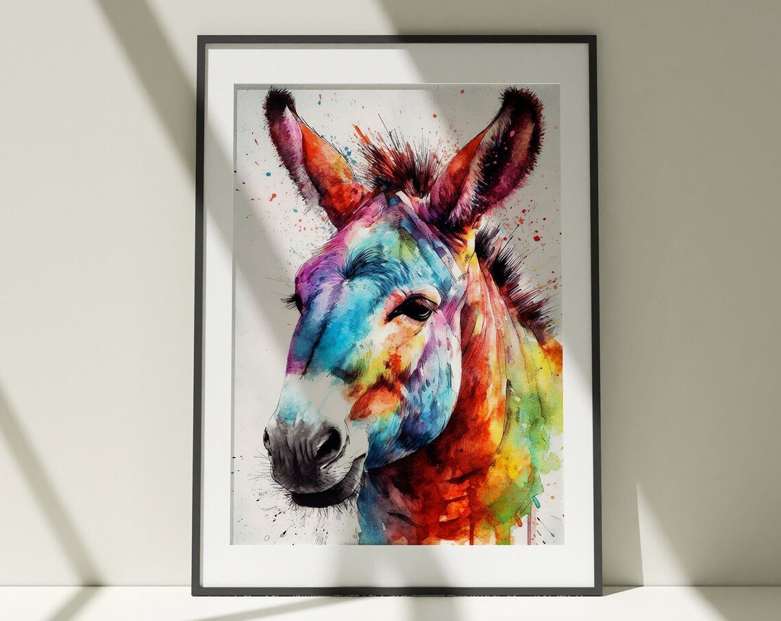 Colorful Donkey Painting Wall Art Poster Gift Watercolor Colorful Animal Painting Illustration Nature Wall Art Home Decor Print