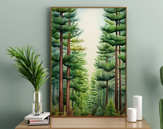 Pine Trees Wall Art Painting Poster Gift Watercolor Colorful Painting Illustration Nature Minimalist Decor Bedroom Wall Decor
