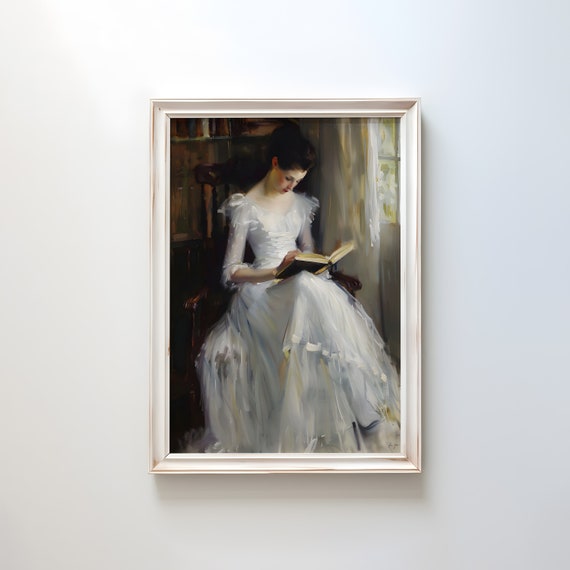 Mailed Print Vintage Painting Of Woman Reading Book Antique Moody Portrait For Rustic Victorian Decor