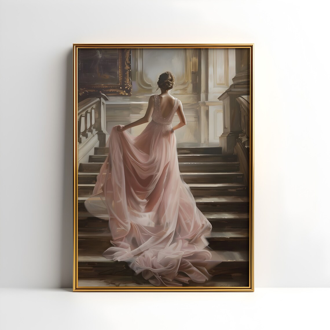 Woman In Blush Pink Gown Ascending Grand Staircase Portrait Poster - Image 2