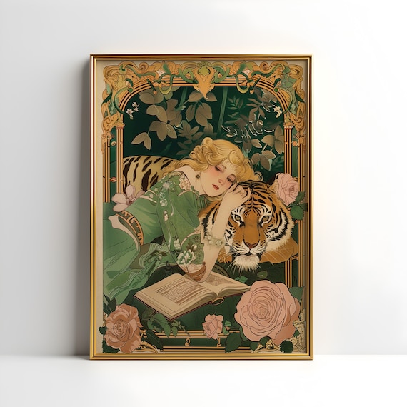 Timeless Hollywood Regency Vintage Woman And Tiger Art Print