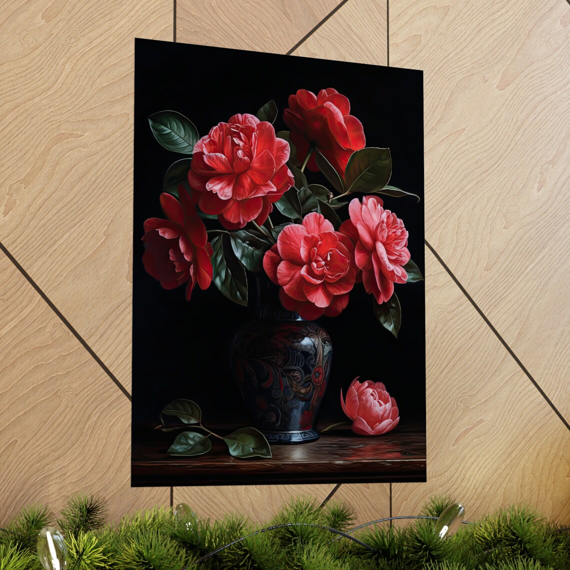 Red Camellia Blossoms Dark Still Life Floral Painting Fine Art Poster - Image 2