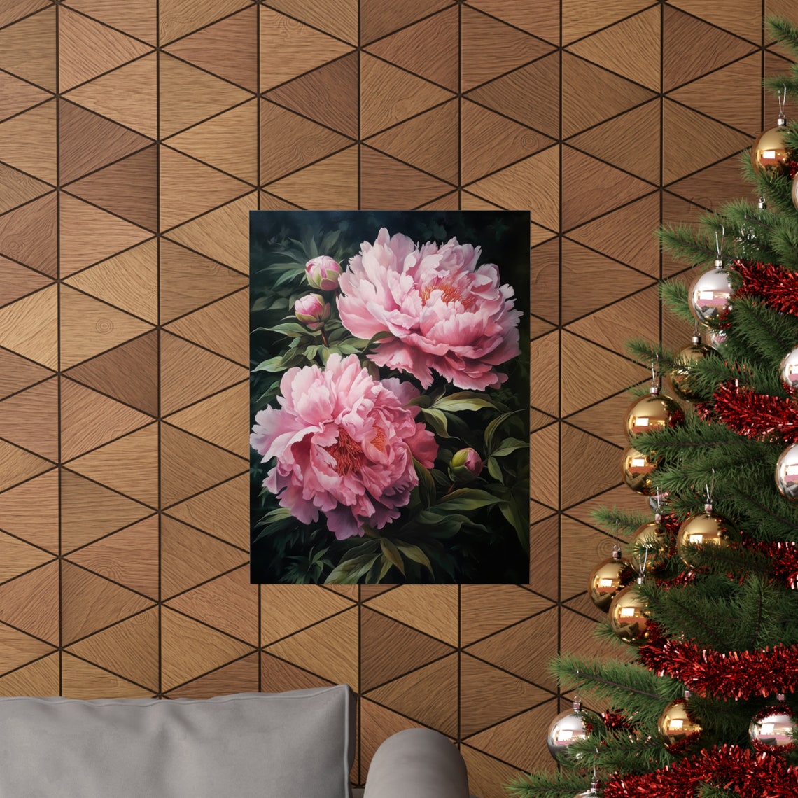 Pink Peony Blossom Blush Blooms and Buds Dark Botanical Art Poster - Image 3