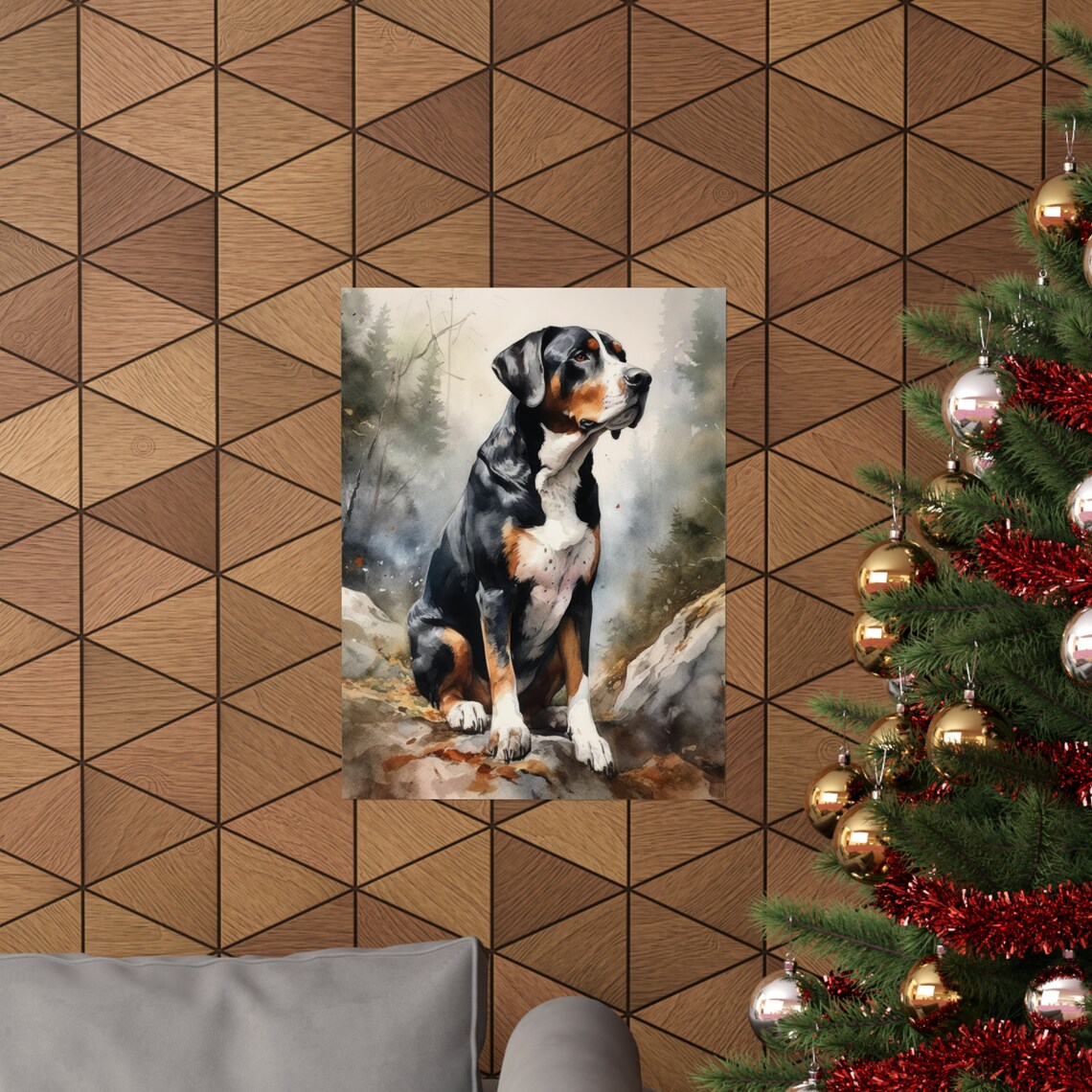 Greater Swiss Mountain Dog Tricolor Sitting Rocks Watercolor Poster - Image 3