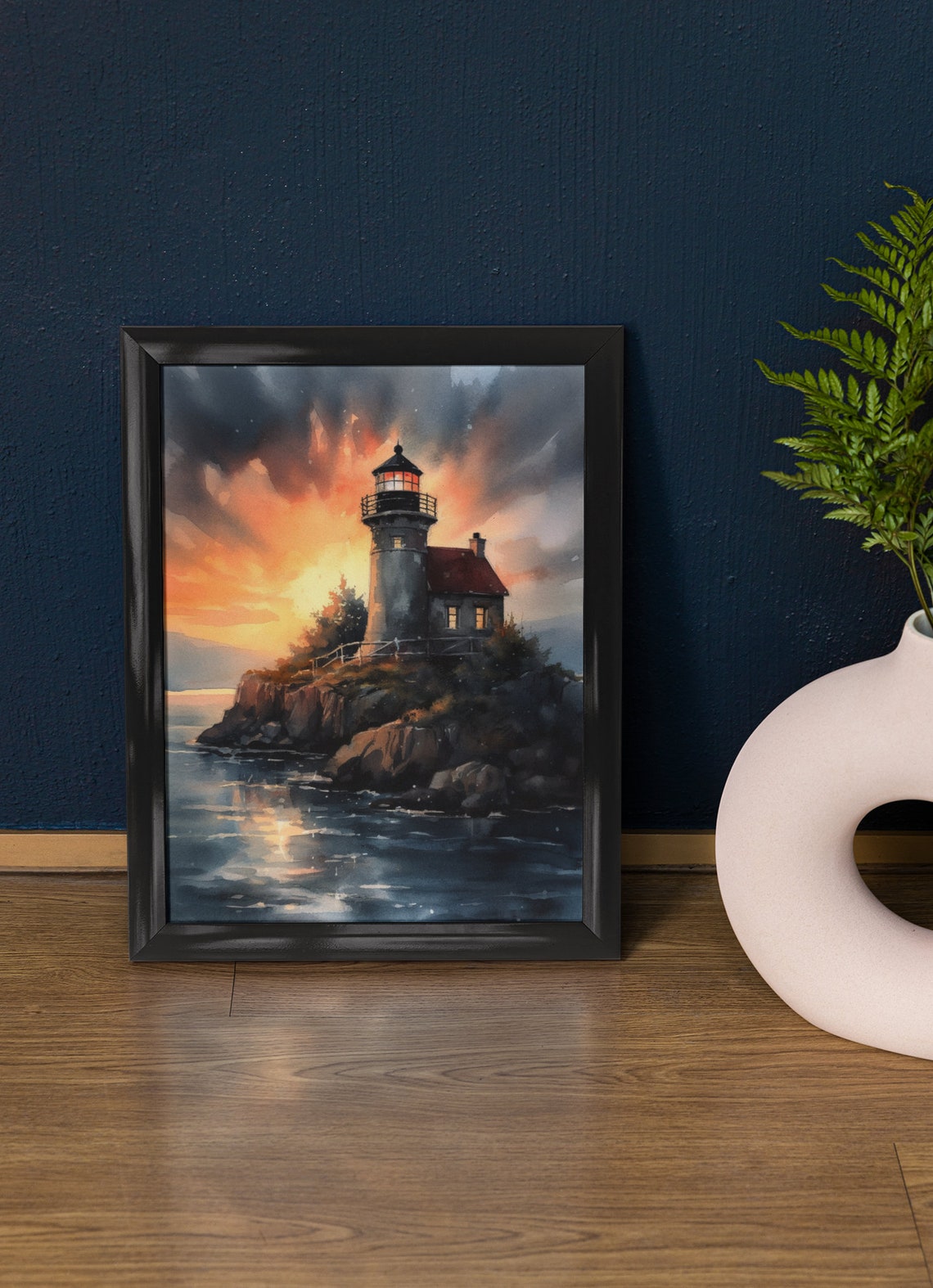 Stone Lighthouse Rocky Point Sunset Glowing Lantern Watercolor Art
