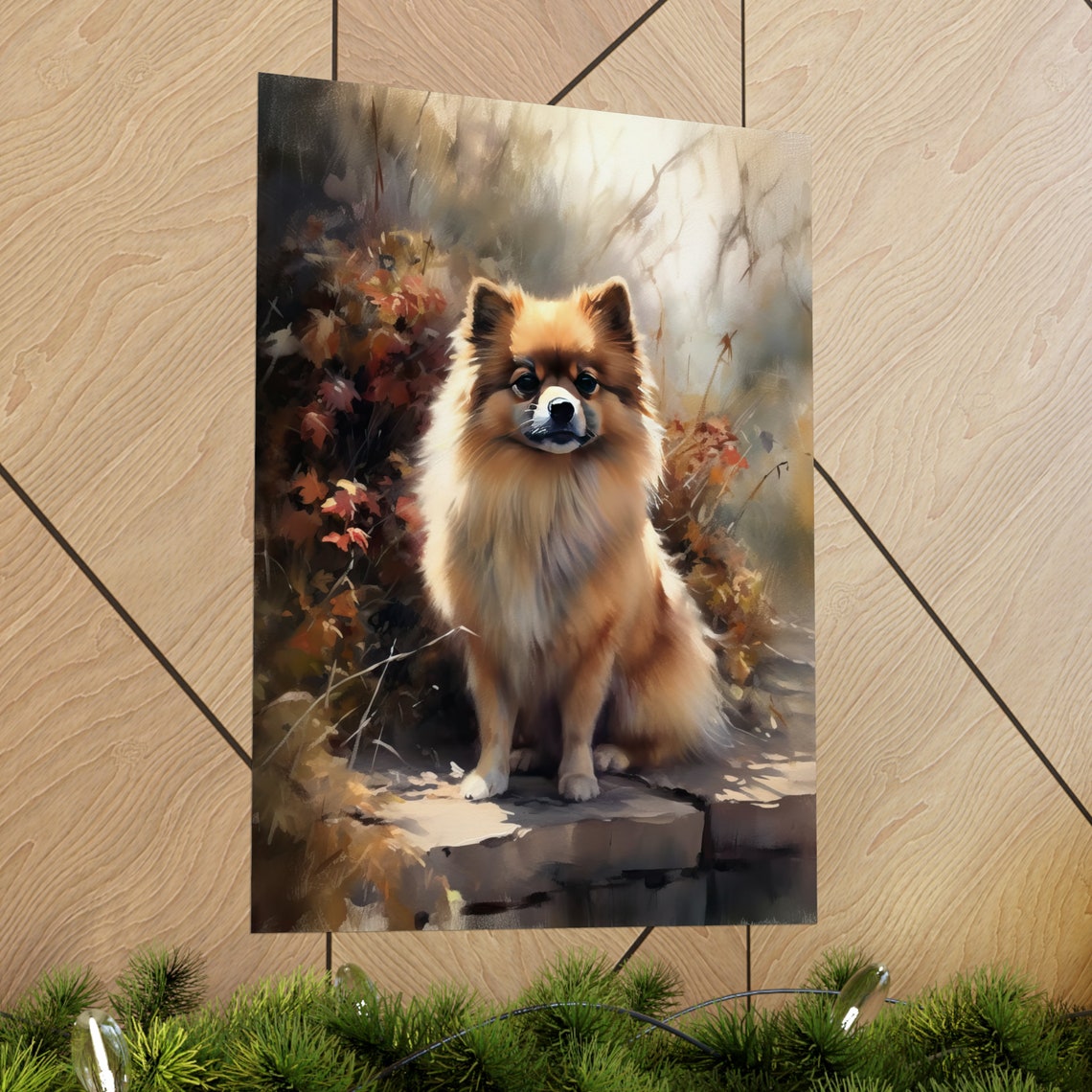 Pomeranian Sitting On Sunlit Stone Steps In Autumn Foliage Art Print - Image 2