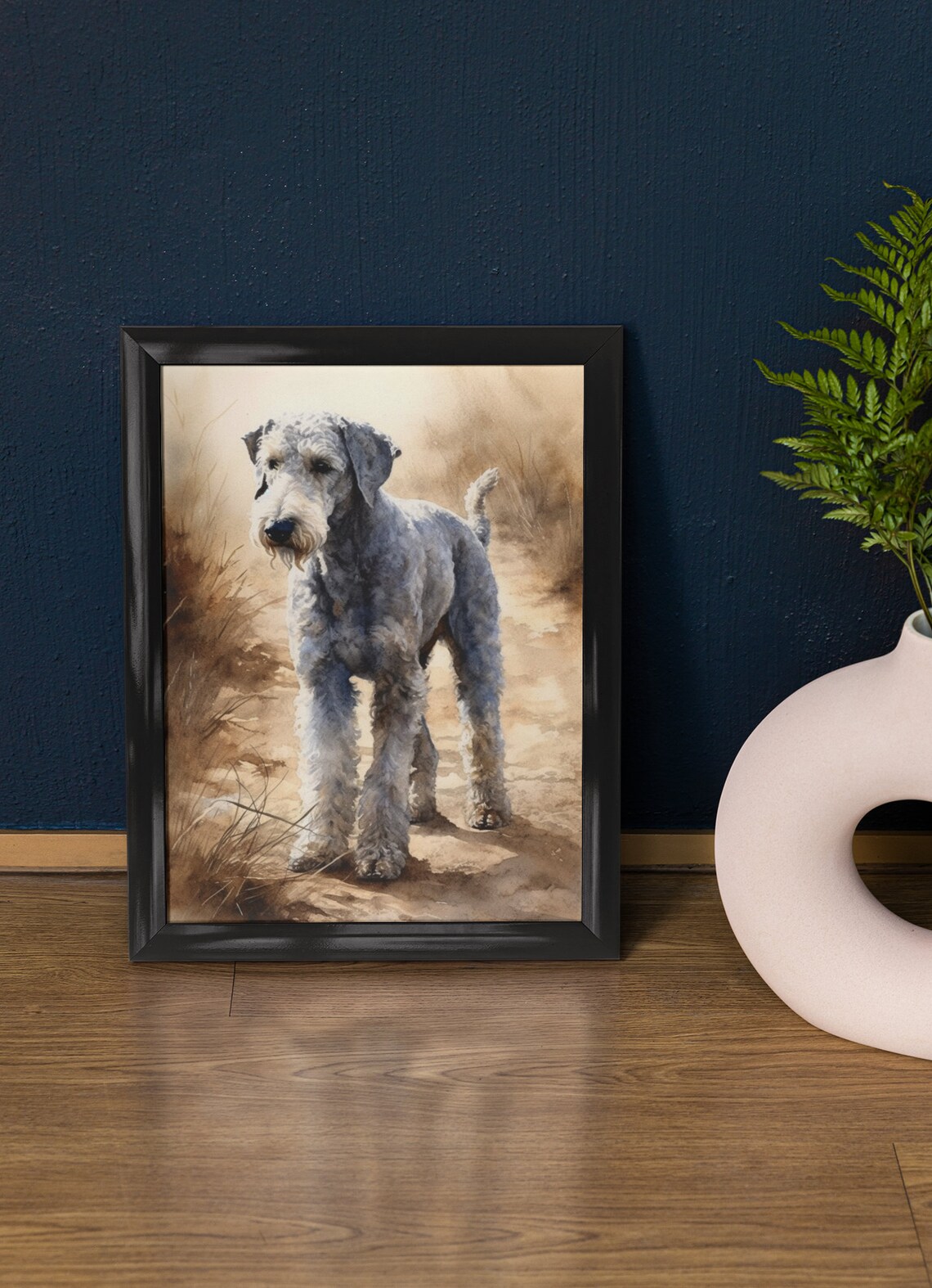 Bedlington Terrier Standing in Golden Field Watercolor Dog Art Print