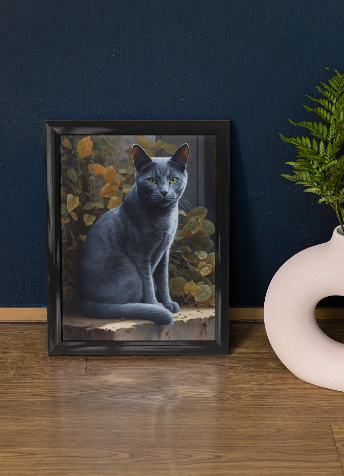 Russian Blue Cat Green Eyes Leafy Garden Portrait Art Poster
