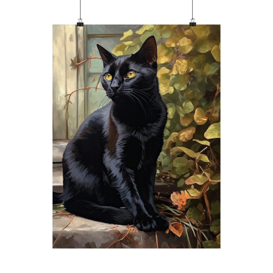 Bombay Black Cat Golden Eyes Leafy Garden Portrait Art Poster - Image 5