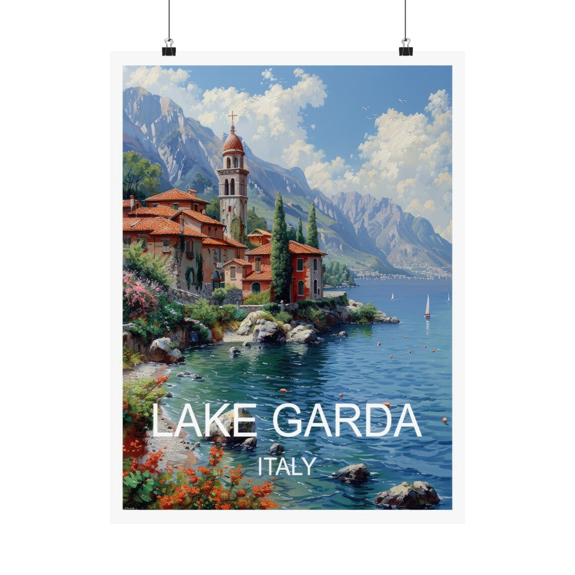 Lake Garda Italy Lakeside Church Mountain View Travel Poster - Image 5