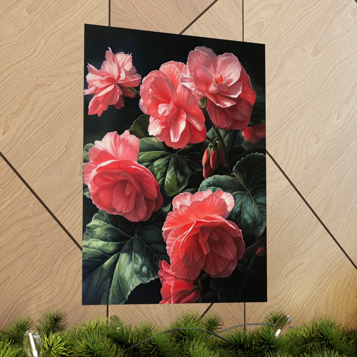 Pink Begonia Blooming Branches Dark Elegant Garden Floral Art Poster - Image 2