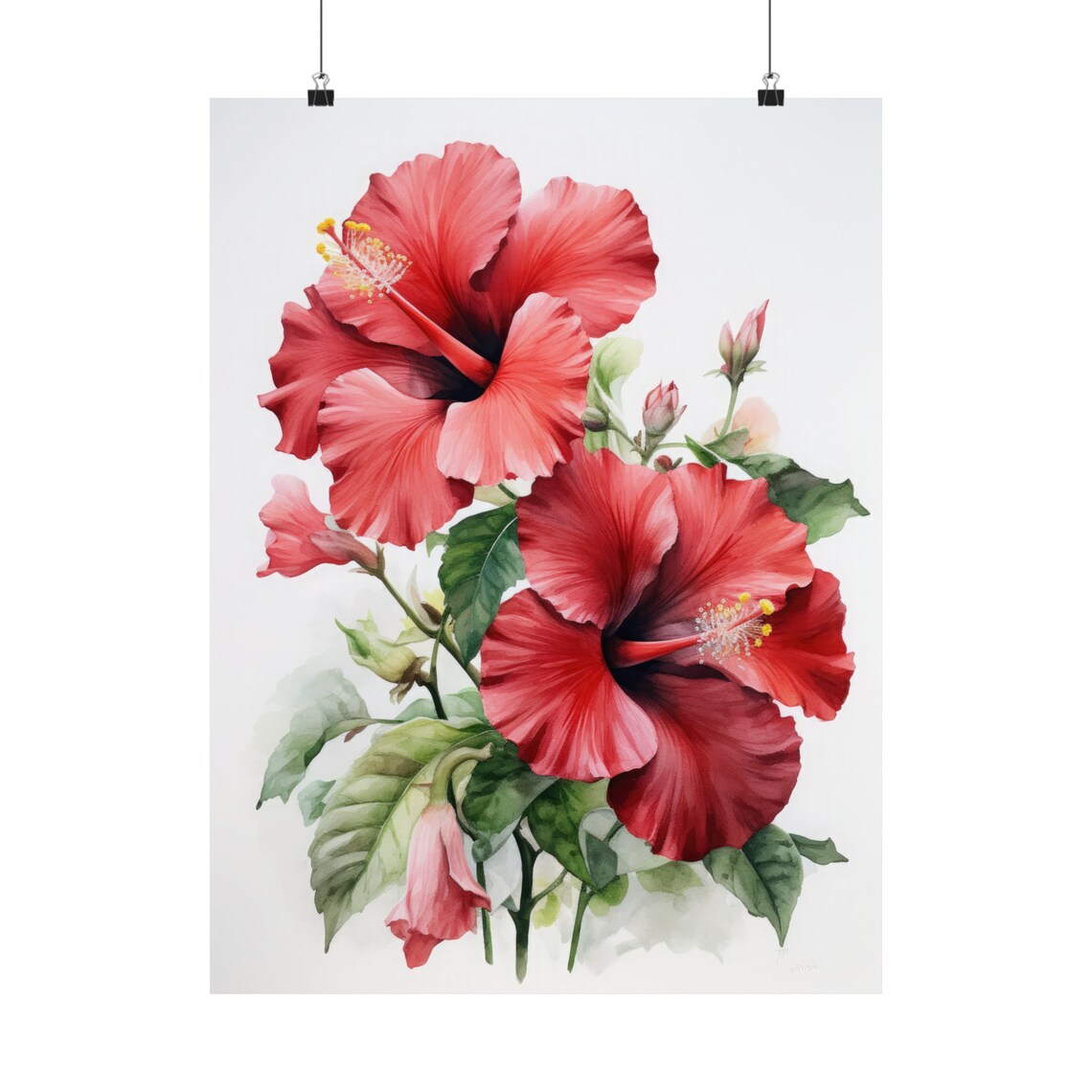 Red Hibiscus Flowers Watercolor Tropical Botanical Fine Art Poster - Image 5