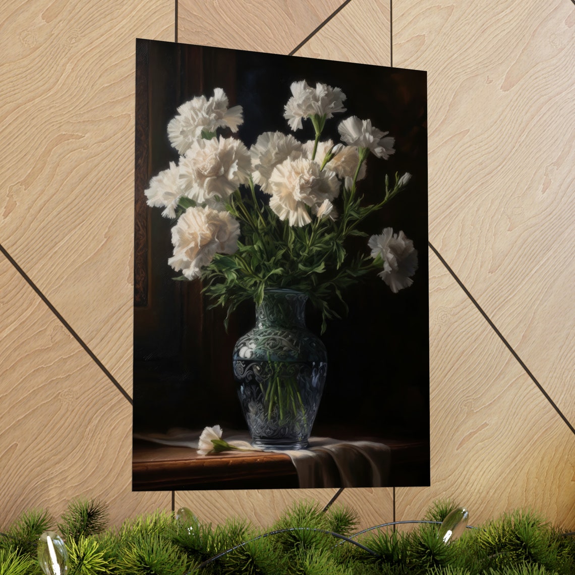 White Carnations Patterned Glass Vase Subtle Elegant Floral Poster - Image 2