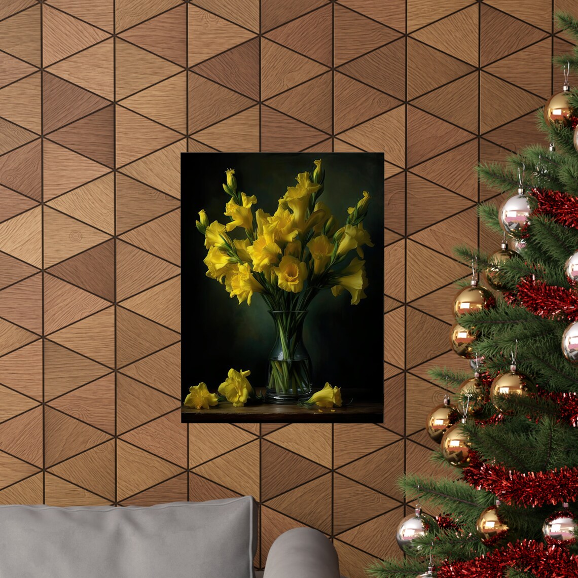 Yellow Gladiolus Bouquet Glass Vase Dark Still Life Floral Art Poster - Image 3