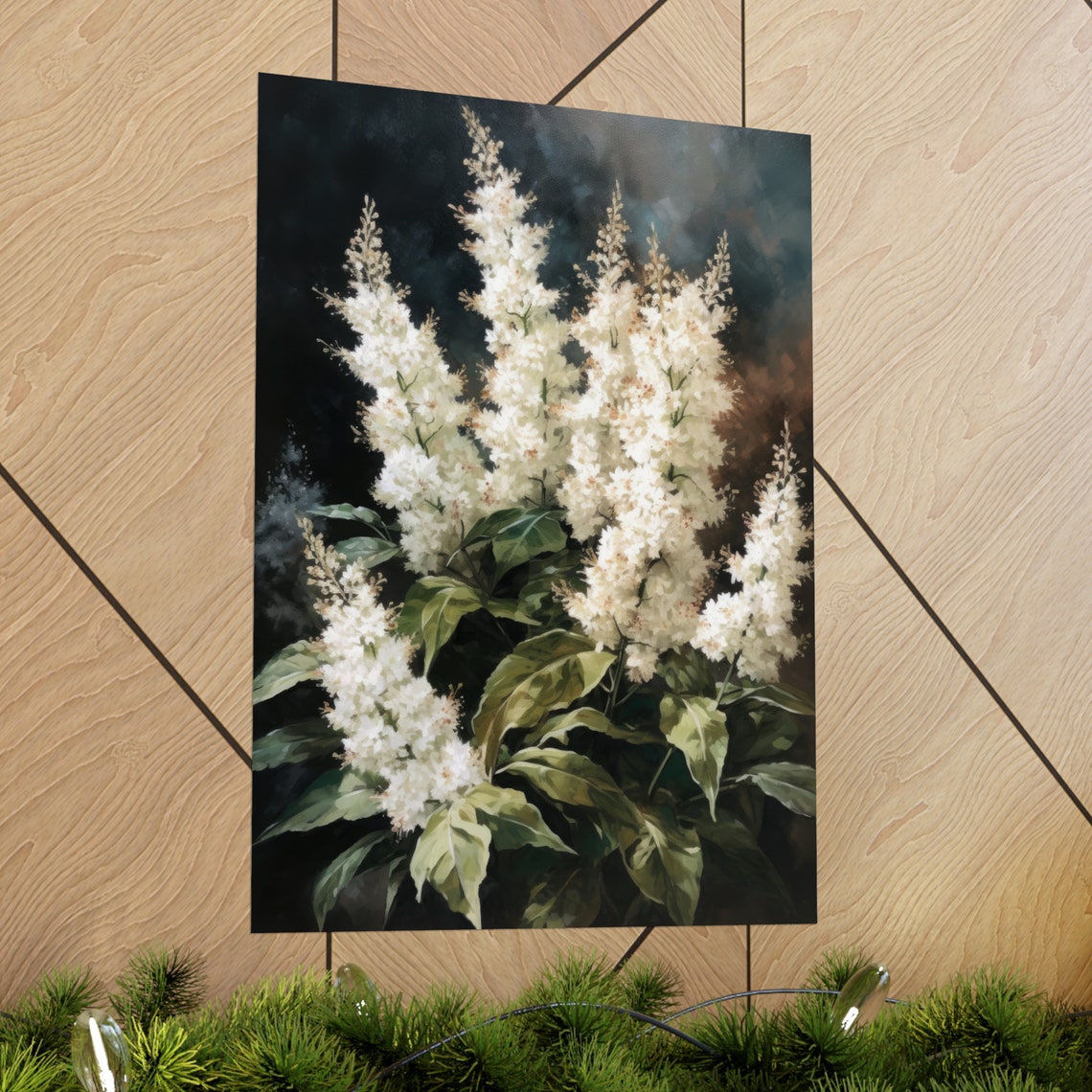 White Astilbe Tall Ivory Spires Moody Dark Botanical Floral Art Poster - Image 2