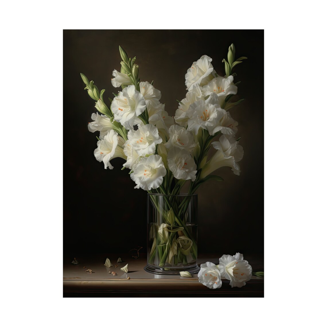 White Gladiolus Spikes Glass Vase Dark Moody Still Life Flower Poster - Image 4