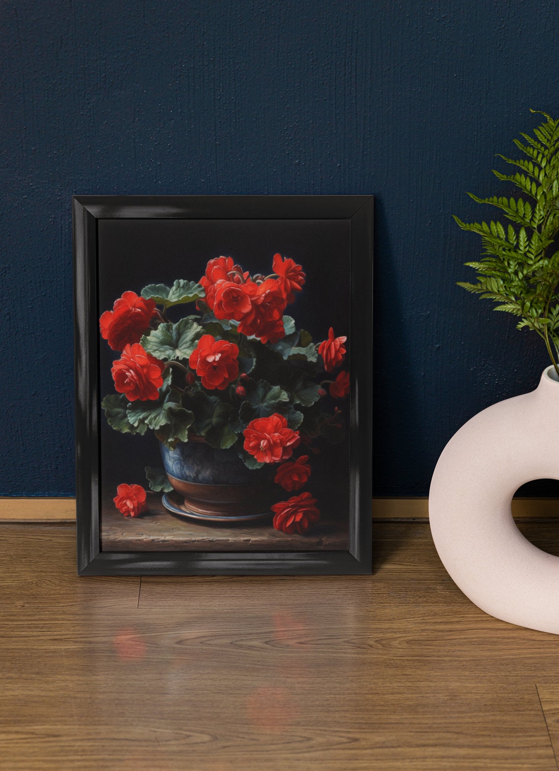 Red Begonias Blue Ceramic Planter Fallen Blooms Vintage Floral Poster