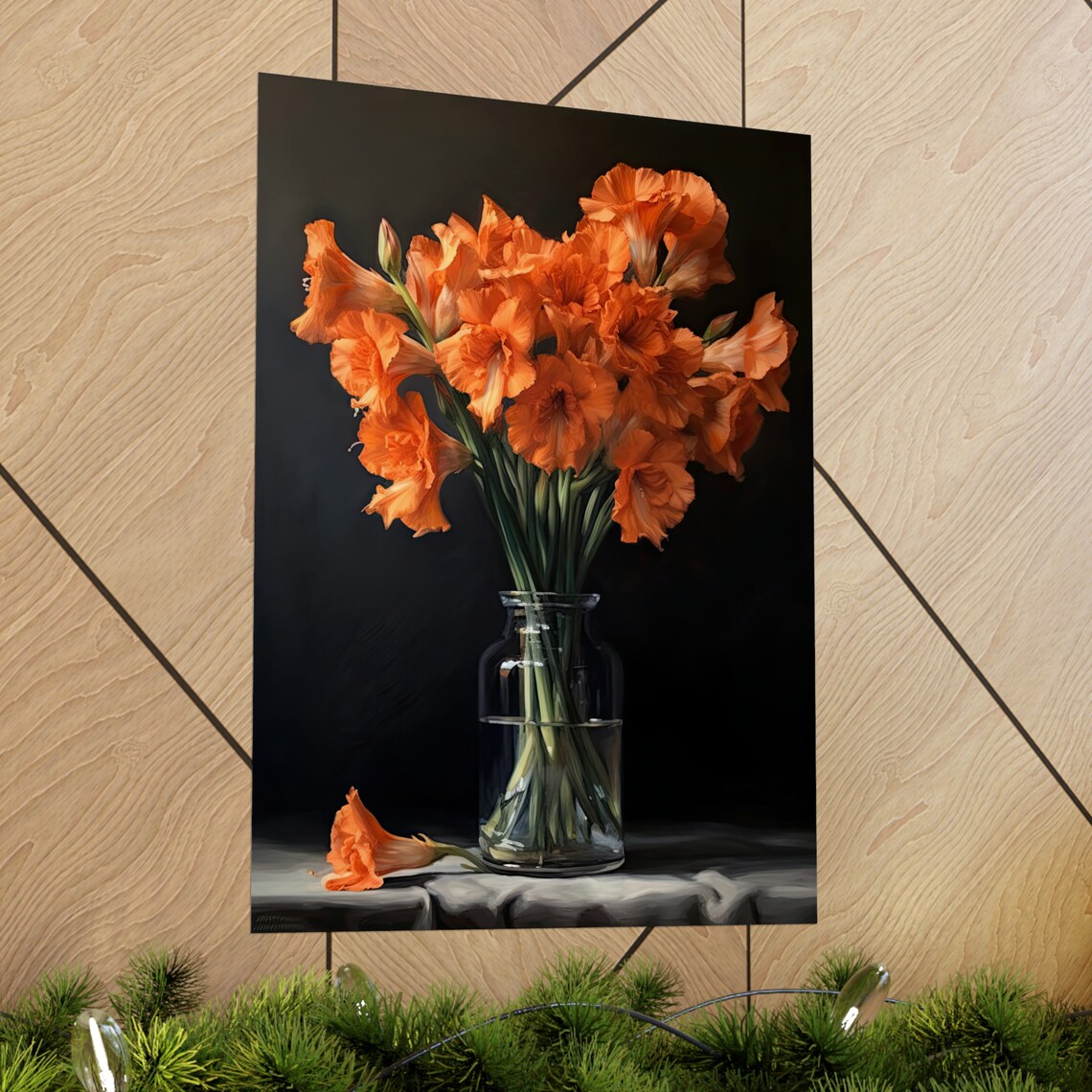Orange Gladiolus Blooms Glass Vase Dark Moody Still Life Flower Poster - Image 2