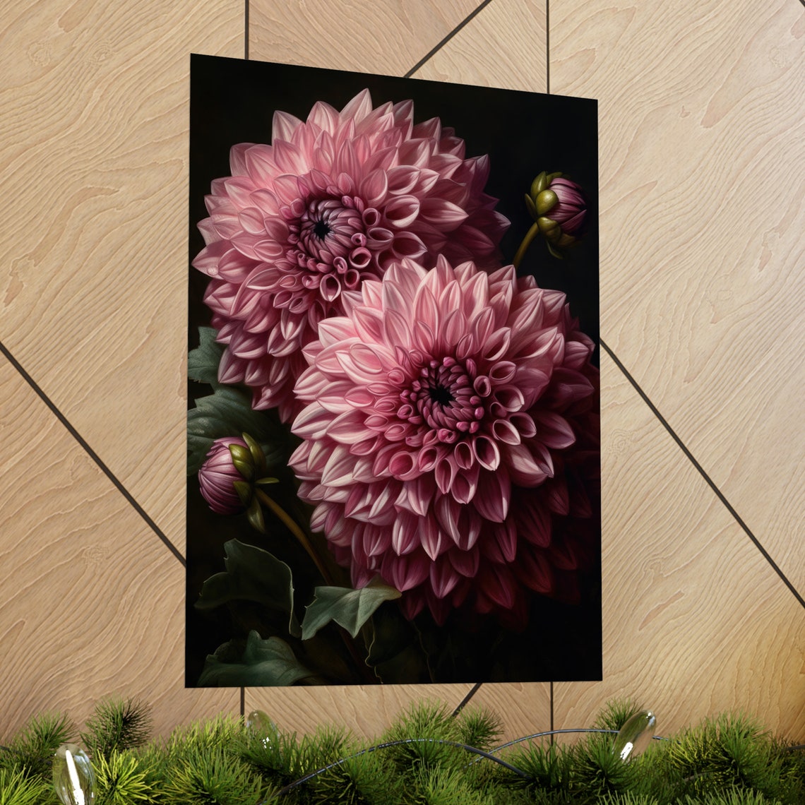 Pink Dahlia Blooms Close Up Dark Botanical Still Life Poster - Image 2