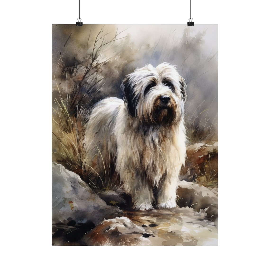 Polish Lowland Sheepdog Shaggy White Dog Rocks Watercolor Poster - Image 5