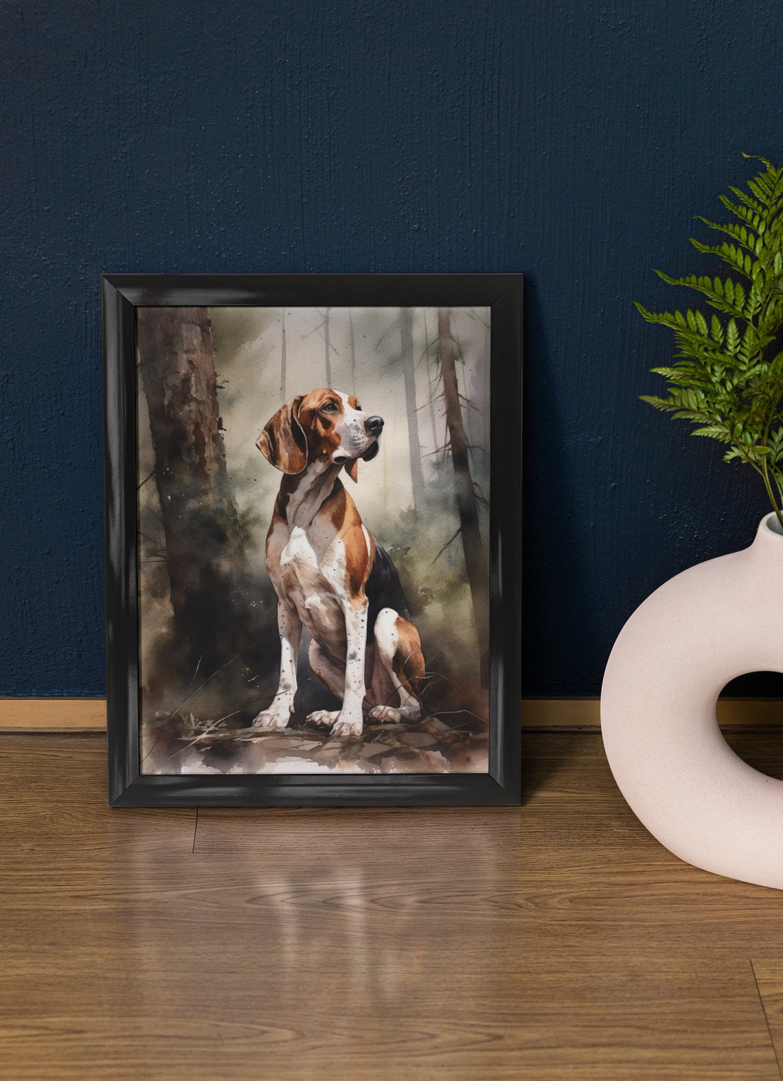 Treeing Walker Coonhound Watercolor Portrait In Misty Forest Art Print