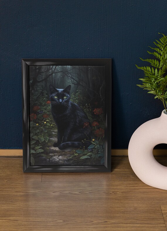 Black Cat With Green Eyes Sitting In Dark Forest Clearing Art Poster