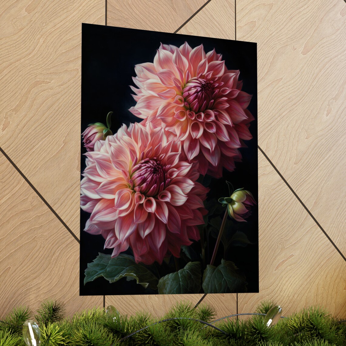 Pink Dahlia Blooms Dark Background Moody Botanical Fine Art Poster - Image 2