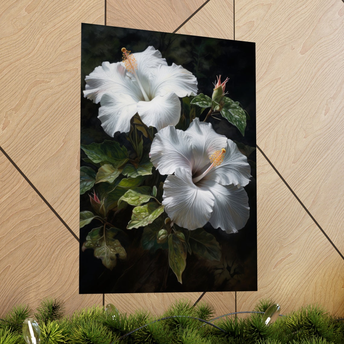 White Hibiscus Flowers Dark Background Tropical Fine Art Poster - Image 2