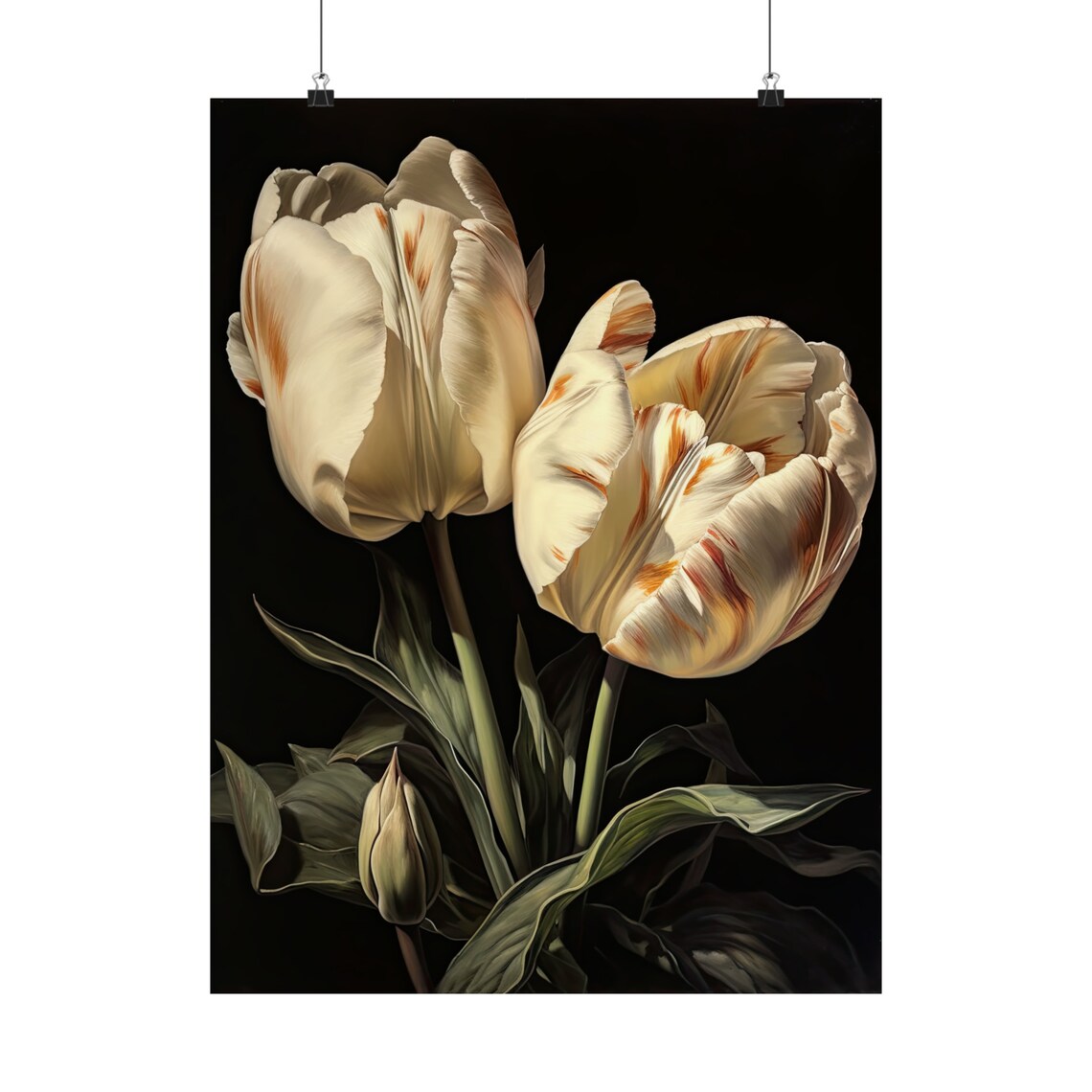 Cream Red Streaked Tulips Dark Moody Floral Oil Painting Print - Image 5