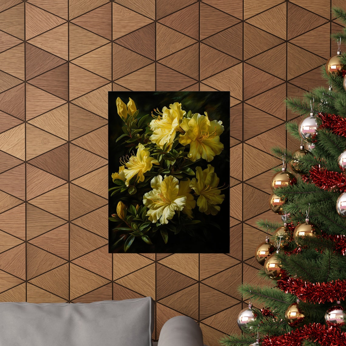 Pale Yellow Azalea Delicate Petals Dark Shrub Floral Wall Art Poster - Image 3