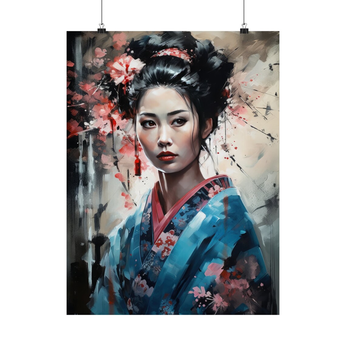 Geisha Blue Kimono Cherry Blossom Artistic Portrait Asian Art Poster - Image 5