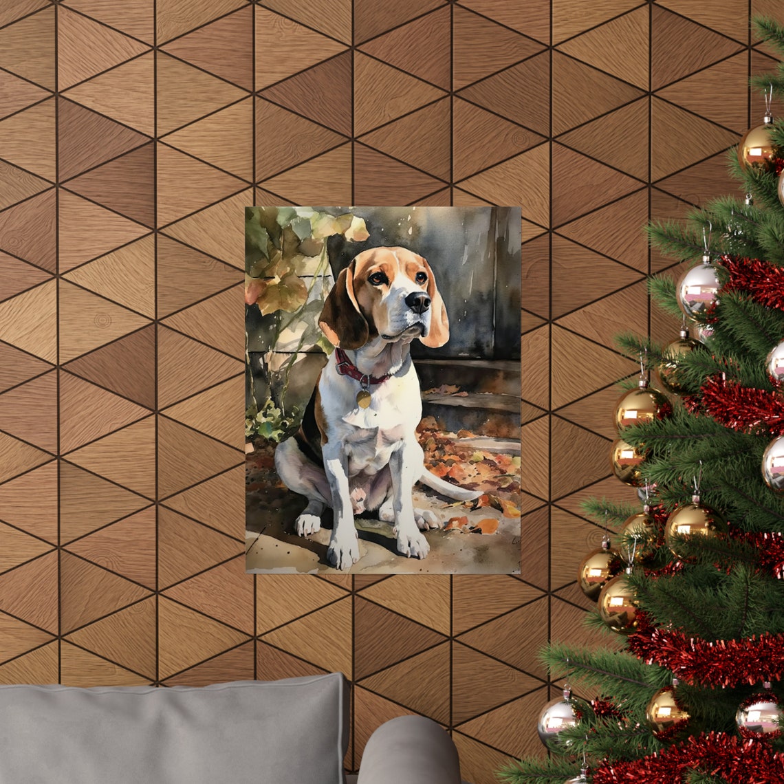 Beagle Dog Red Collar Autumn Watercolor Portrait Animal Wall Art Print - Image 3