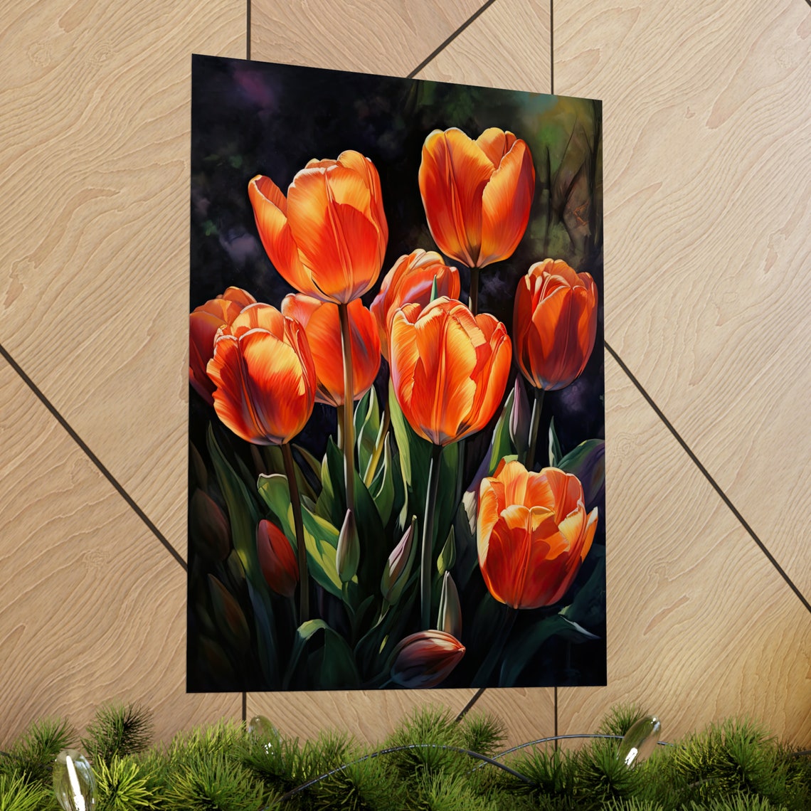 Sunlit Orange Tulips Bold Blooms Dark Floral Botanical Art Print - Image 2