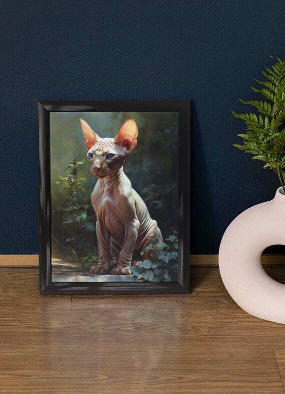 Sphynx Cat Portrait Sunlit Garden Green Eyes Hairless Cat Painting Print